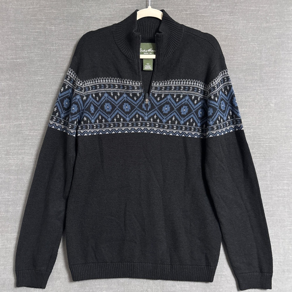 Eddie Bauer Sweater M Black Fair Isle Wool Blend Quarter Zip Pullover Classic